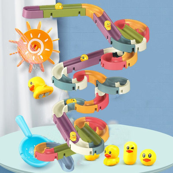 Jouet de bain DuckySlide en silicone pour enfants stimulant la créativité avec circuit d'eau et canards.