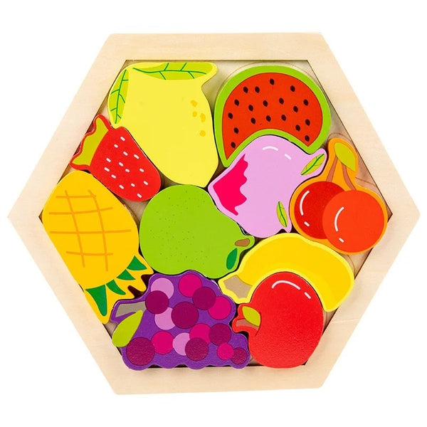 Puzzle Montessori en bois naturel HexaPuzzle, éducatif pour l'éveil des tout-petits, facilitant la reconnaissance des formes et des couleurs.