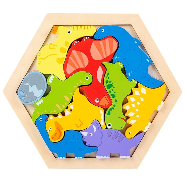 Puzzle Montessori en bois naturel HexaPuzzle, éducatif pour l'éveil des tout-petits, facilitant la reconnaissance des formes et des couleurs.