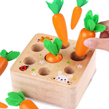 Jeu éducatif BunnyCarot inspiré de la pédagogie Montessori, en bois de pin naturel, favorisant la reconnaissance des formes, la coordination œil-main et le développement de la motricité fine pour les enfants de plus de 2 ans.