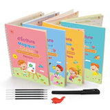 Ensemble MagicBook avec stylo magique pour l'apprentissage et perfectionnement de l'écriture destiné aux enfants de 3 à 9 ans, incluant des cahiers pour l'alphabet, les nombres, les mathématiques et le dessin, ainsi qu'un correcteur de posture. Conçu pour améliorer l'écriture illisible, le maintien du stylo, pallier la dyslexie et les troubles de concentration.