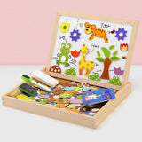 MultiBoard en bois naturel pour enfants, tableau multifonction 3-en-1 : tableau blanc pour écriture au stylo, tableau noir pour les craies, et section puzzle magnétique. Stimule la créativité, concentration, et motricité fine des enfants à partir de 3 ans.