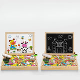 MultiBoard en bois naturel pour enfants, tableau multifonction 3-en-1 : tableau blanc pour écriture au stylo, tableau noir pour les craies, et section puzzle magnétique. Stimule la créativité, concentration, et motricité fine des enfants à partir de 3 ans.