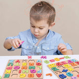 Ensemble de puzzles éducatifs SchoolPuzzle™ avec lettres alphabétiques et chiffres en bois naturel pour l'apprentissage ludique des enfants.