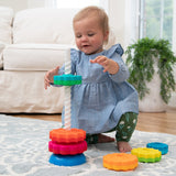 Jeu éducatif SpiralTower™ pour bébés de +12 mois, favorisant la concentration et la coordination œil-main avec disques colorés et spirale, fabriqué en plastique alimentaire sans BPA, sécurisé pour les enfants.