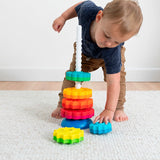 Jeu éducatif SpiralTower™ pour bébés de +12 mois, favorisant la concentration et la coordination œil-main avec disques colorés et spirale, fabriqué en plastique alimentaire sans BPA, sécurisé pour les enfants.